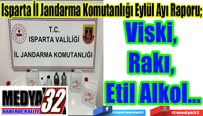  Isparta İl Jandarma Komutanlığı Eylül Ayı Raporu;  Viski, Rakı, Etil Alkol…