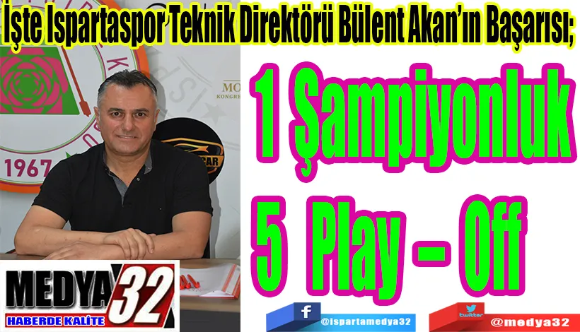 İşte Ispartaspor Teknik Direktörü Bülent Akan’ın Başarısı;  1 Şampiyonluk 5 Play – Off 