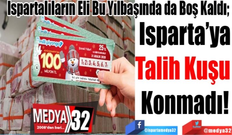 Ispartalıların Eli Bu Yılbaşında da Boş Kaldı; 
Isparta’ya
Talih Kuşu 
Konmadı!
