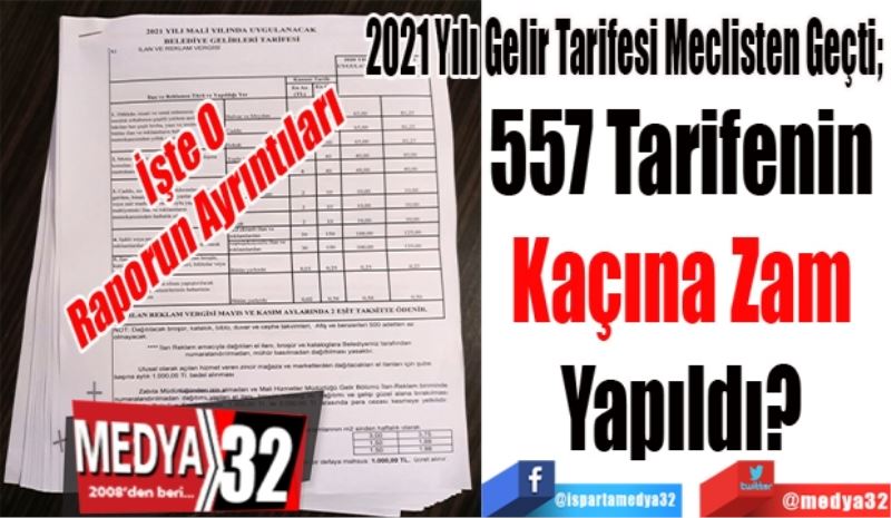 İşte O 
Raporun Ayrıntıları 
2021 Yılı Gelir Tarifesi Meclisten Geçti; 
557 Tarifenin 
Kaçına Zam 
Yapıldı? 
